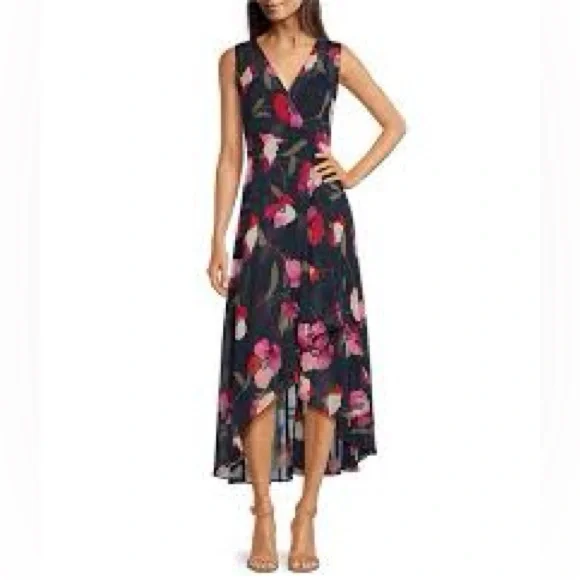 Calvin Klein Floral Sleeveless Chiffon High-Low Dress Navy Pink Red Elegant 12 - Picture 1 of 12